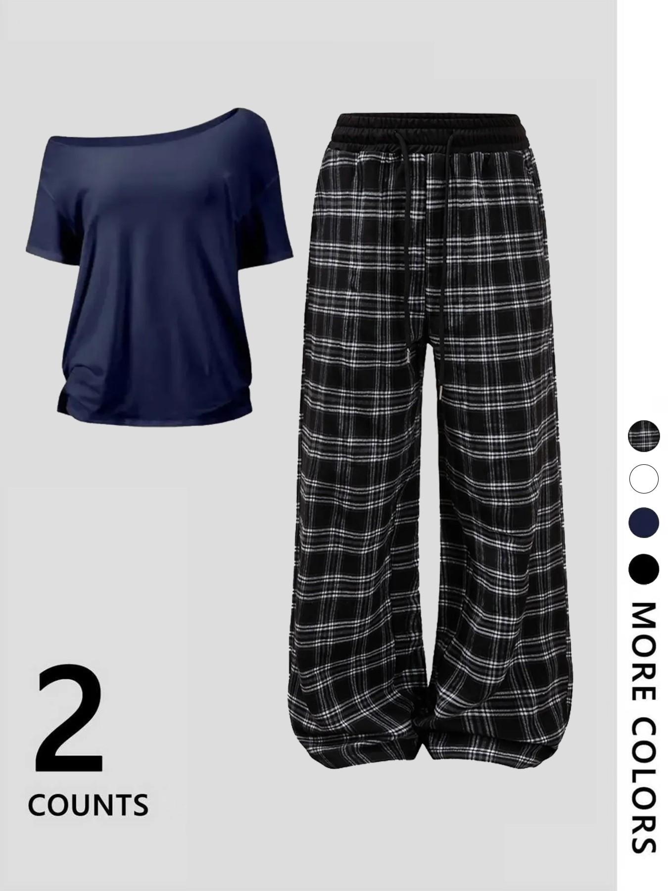 Women's Off-Shoulder Loose Short Sleeve Top with Plaid Pants Pajama Set, Loungewear, Homewear, Fashionable and Comfortable, Ideal for Daily Activities and Home Wear, Matching Loungewear