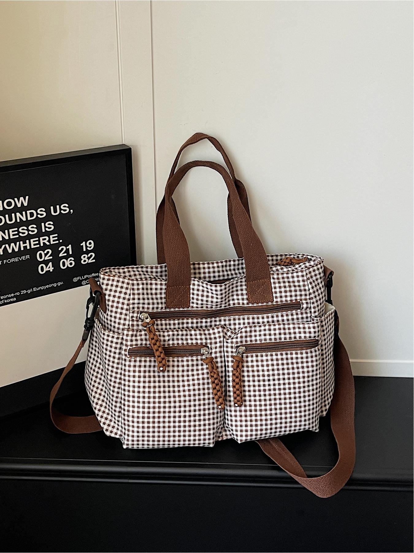 Large capacity plaid multi pocket tote bag, retro street style drawstring design, single shoulder bag, workwear style crossbody bag, adjustable shoulder strap, daily leisure, work, commuting, armpit bag