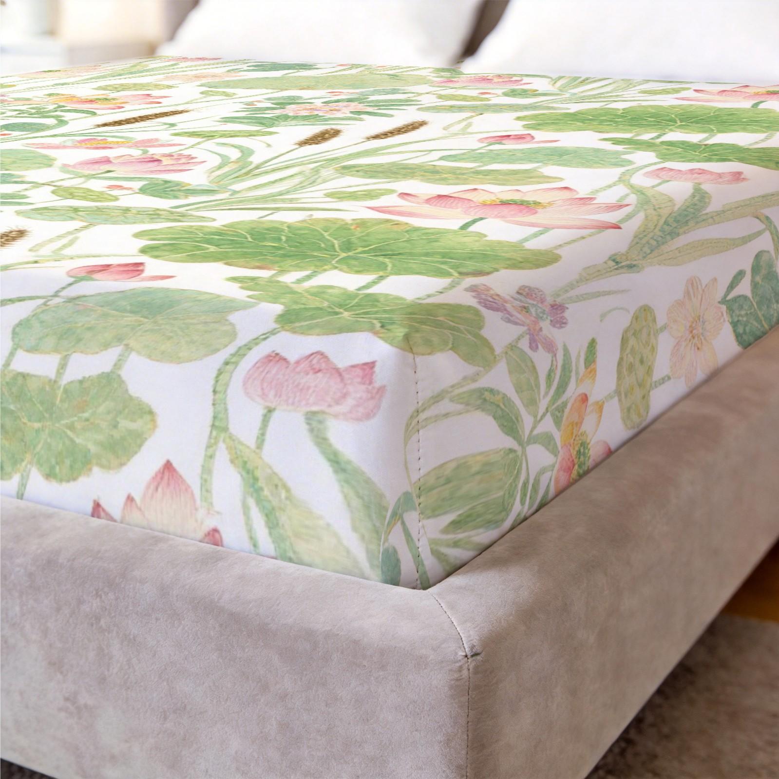 3 Piece Watercolor Lotus Pond Fitted Sheet Set, HD Digital Printed Deep Pocket Bed Sheet, Soft Breathable Bedding Set with Pillowcases (No Insert) for Bedroom Home Decor