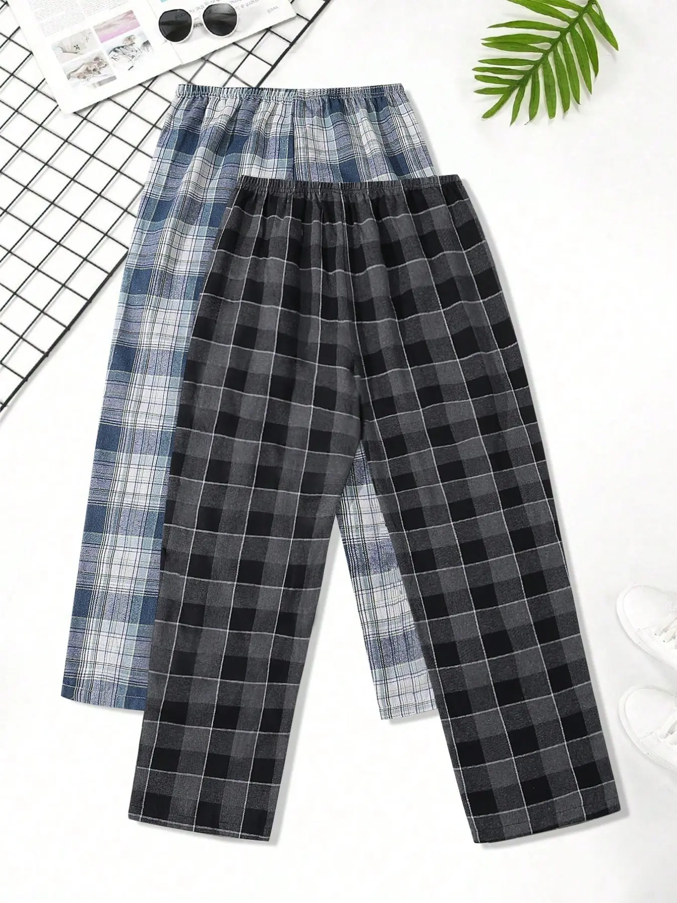 Men's 2-Pack Plaid Sleep Pants Set, Soft Lightweight, Loose Fit, Elastic Waist, & Print, Breathable, Casual Home Wear