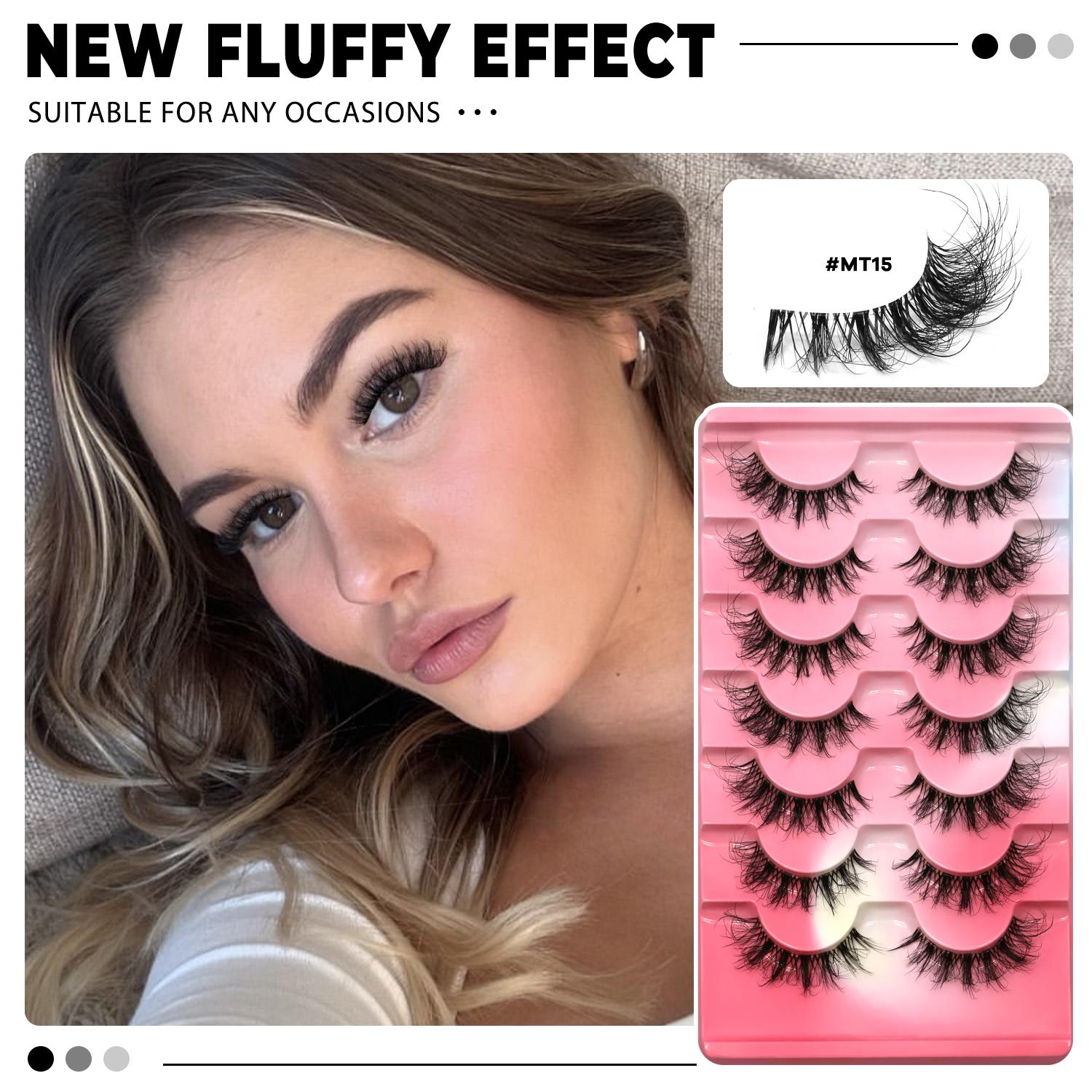 GROINNEYA 7 Pairs Cat Eye Lashes Versatile Airy Eyelashes Natural Look False Eyelashes D-Crul Voluminous Fake Eyelashes Fake Eye Lashes Short Wispy Faux Mink Eyelashes With Transparent Stem Band,Suiable For Dates and Gift For Her
