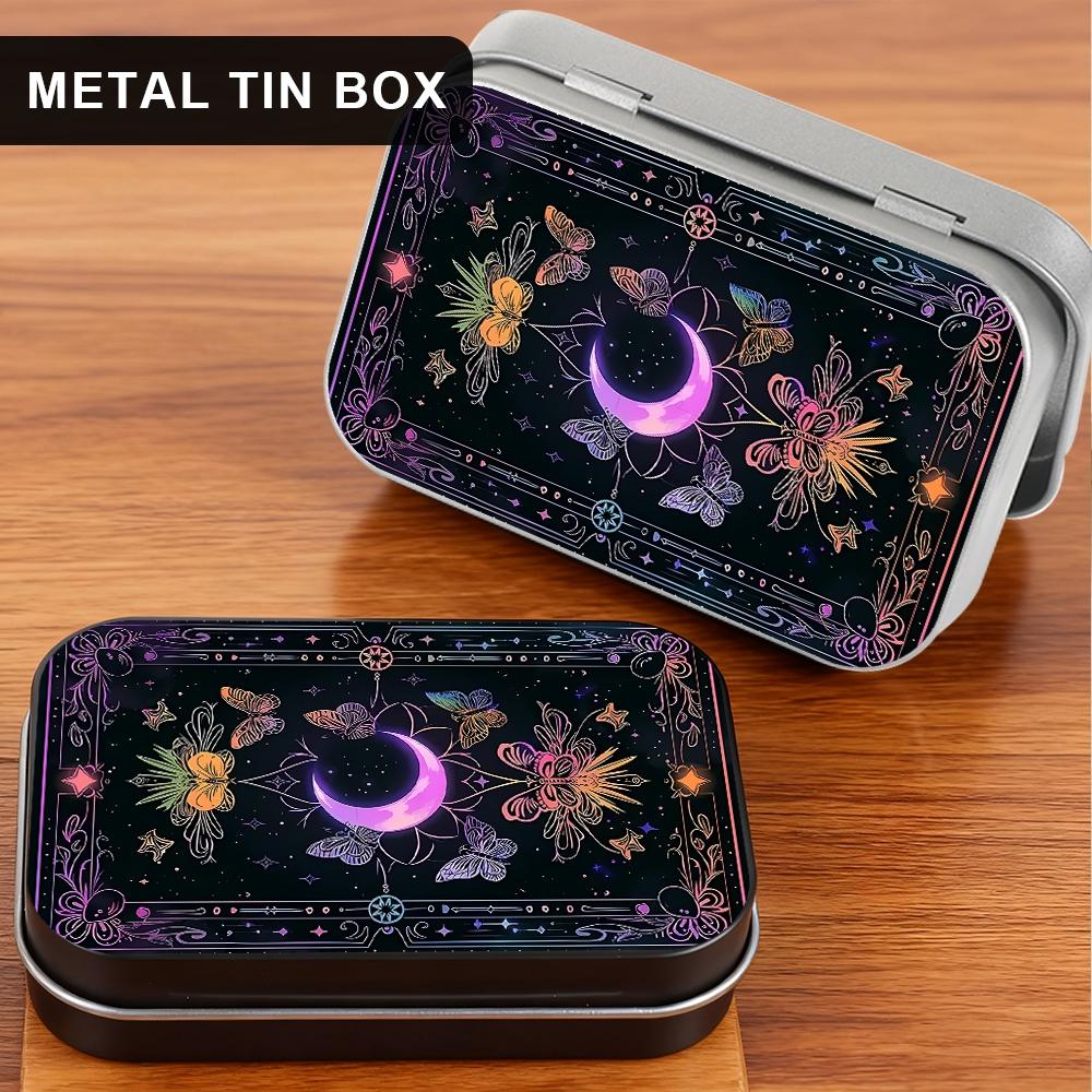 1Pc Celestial Moon & Butterfly Metal Tin Box with Hinged Lid - Small Storage Containers for Tarot Crystals, Jewelry - Decorative Rectangular Tinplate Organizer, Desktop Storage Box, Collectibles Storage, Witchy Gift for Women, Display Container