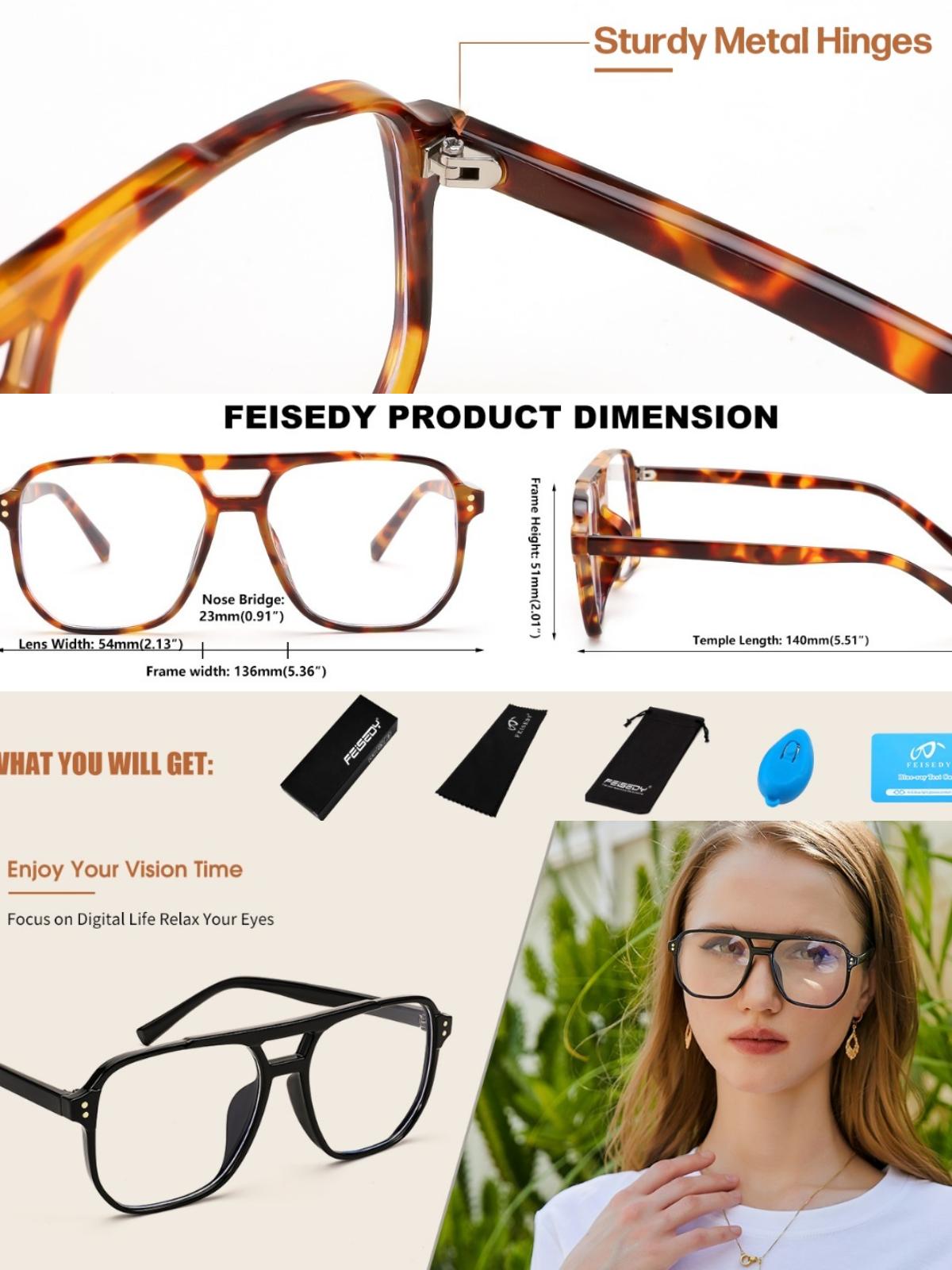 FEISEDY Blue Light Blocking Glasses Fake Nerd Clear Square Computer Lightweight Pilot Glasses Frame Oversized B2866