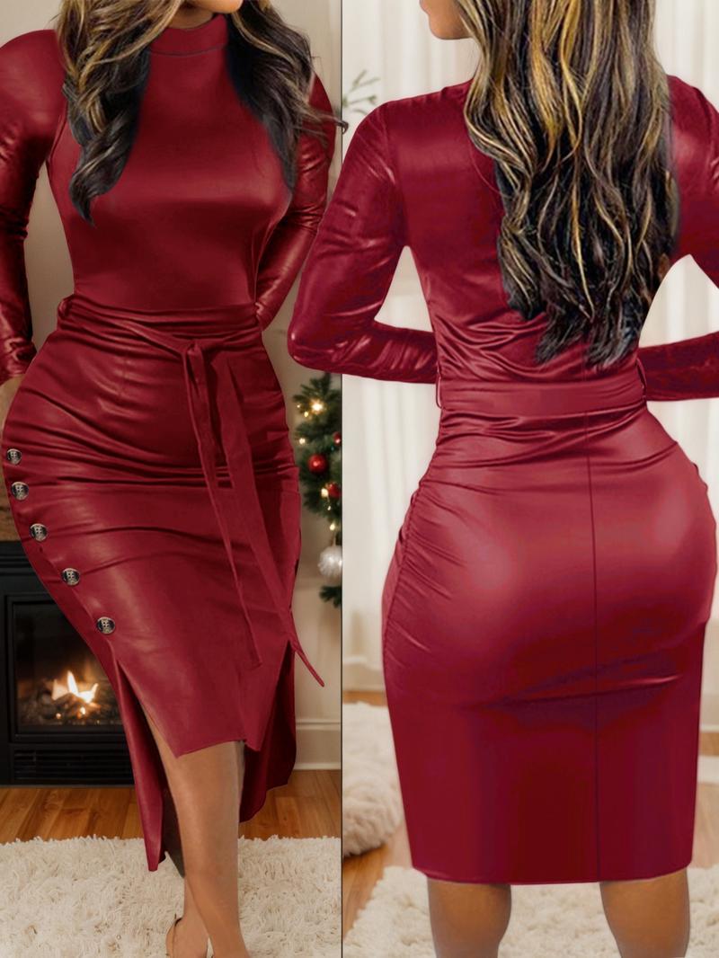 Women's Leather Split Dress, Round Neck Long Sleeve Slim Fit Bodycon, Black Fashion Festival Wear, All Seasons Woven Fabric