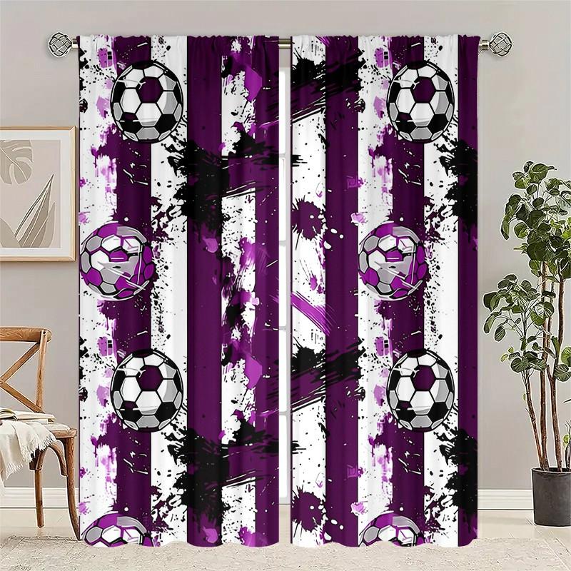 2 pieces of football-themed cartoon patterned curtains, made of polyester with semi-transparent texture, machine washable, suitable for bedrooms, living rooms and home decoration.