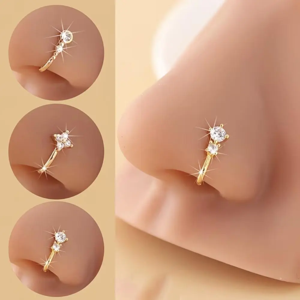 Women's 3-Piece Hypoallergenic Fake Nose Ring Cuff Set - Elegant Geometric Cubic Zirconia U-Shape Clip-On Fashion Body Jewelry, 12mm, 1g Each, Nose Ring Jewelry for Party & Daily Wear, Fake Piercing Accessories