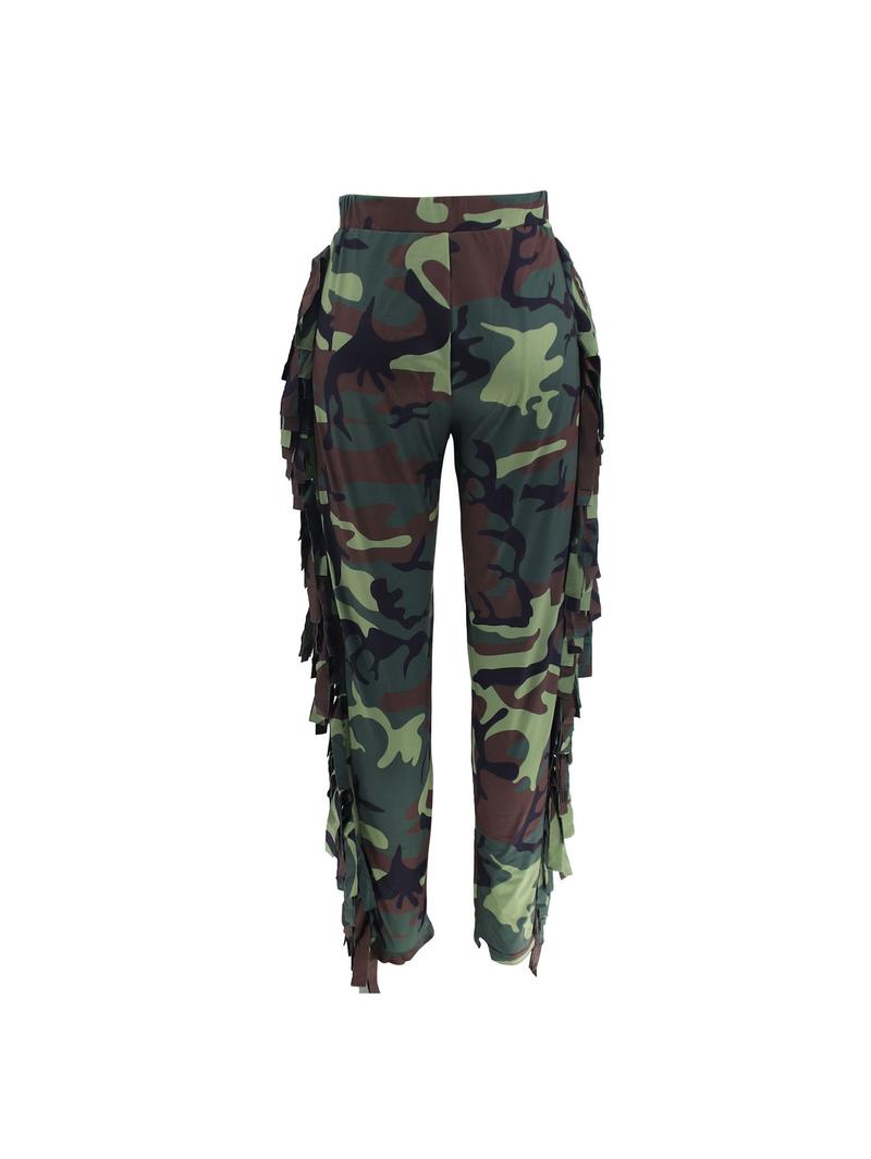 Women’s Fringe Camouflage Pants – Sexy High Waist Army Green Slim Fit Streetwear for Club, Party, Festival HN102