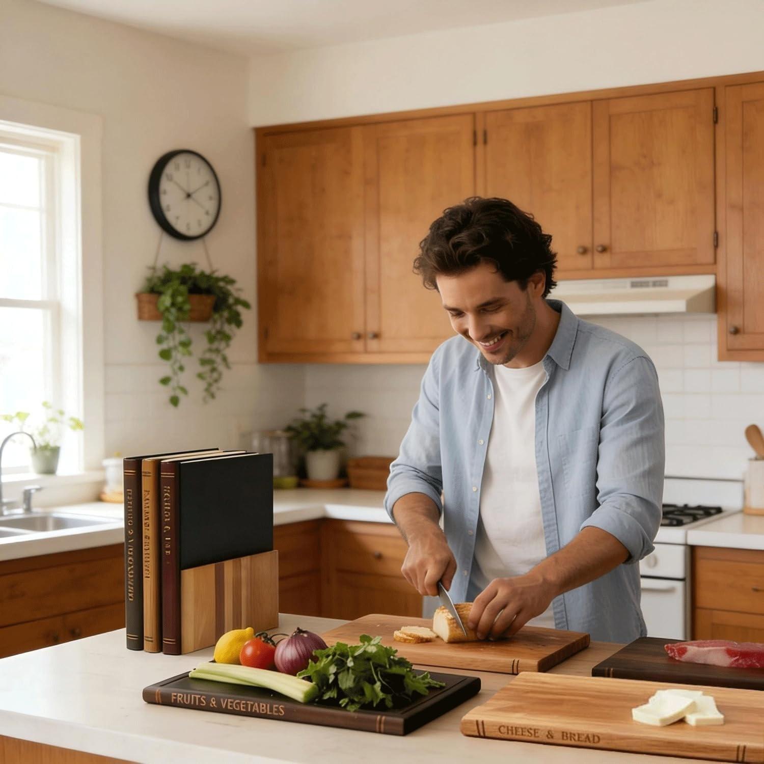 Premium Acacia Wood Cutting Board Set, 4-Piece Book-Shaped Chopping Boards, Color-Coded Tabs, Elegant Kitchen Gift Decor
