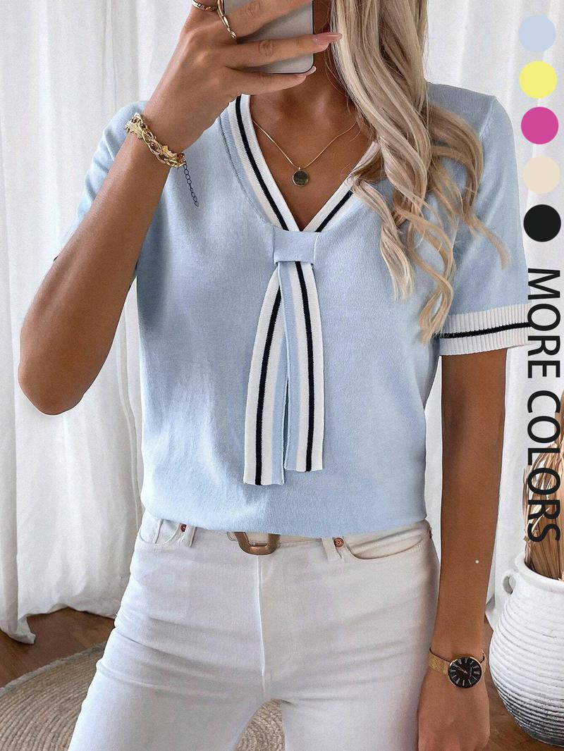 Women's Colorblock Striped Shortsleeve Vneck Knit Top, Casual Elegant Classy Fashion Chic Fitted Short Sleeve Top for Summer, Ladies Clothes for Daily Wear, Womenswear, Knitwear, Breathable Top, Casual Breathable Elegance
