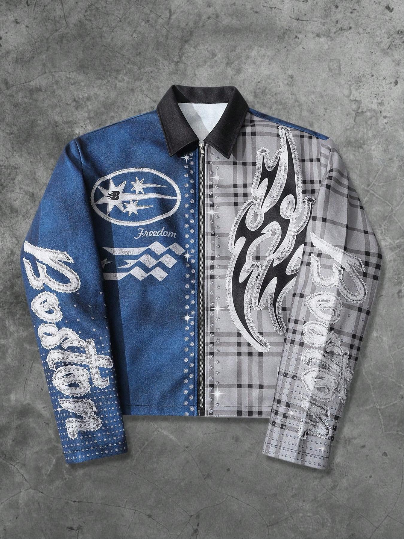 Men's Patchwork Flame Plaid Jacket, Streetwear Trendy Outerwear, Unique Sparkle Design, Ideal for Street Style, Outdoor, Daily Wear