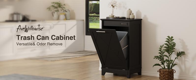 Vabches Trash Cabinet, Tilt Out Trash Cabinet w/Negative ion and deodorizing Function, Free Standing 10 Gallon Recycling Trash Can Cabinet for Kitchen Living Room