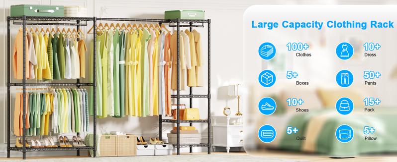 Ulif E10 Heavy Duty Clothes Rack With Stretchable Hanger Rod Adjustable Closet Organizer System,Freestanding Clothing Racks for Hanging Clothes,Portable Garment Rack 73-97"W x 15" D x 72" H，Max Load 800LBS，Black