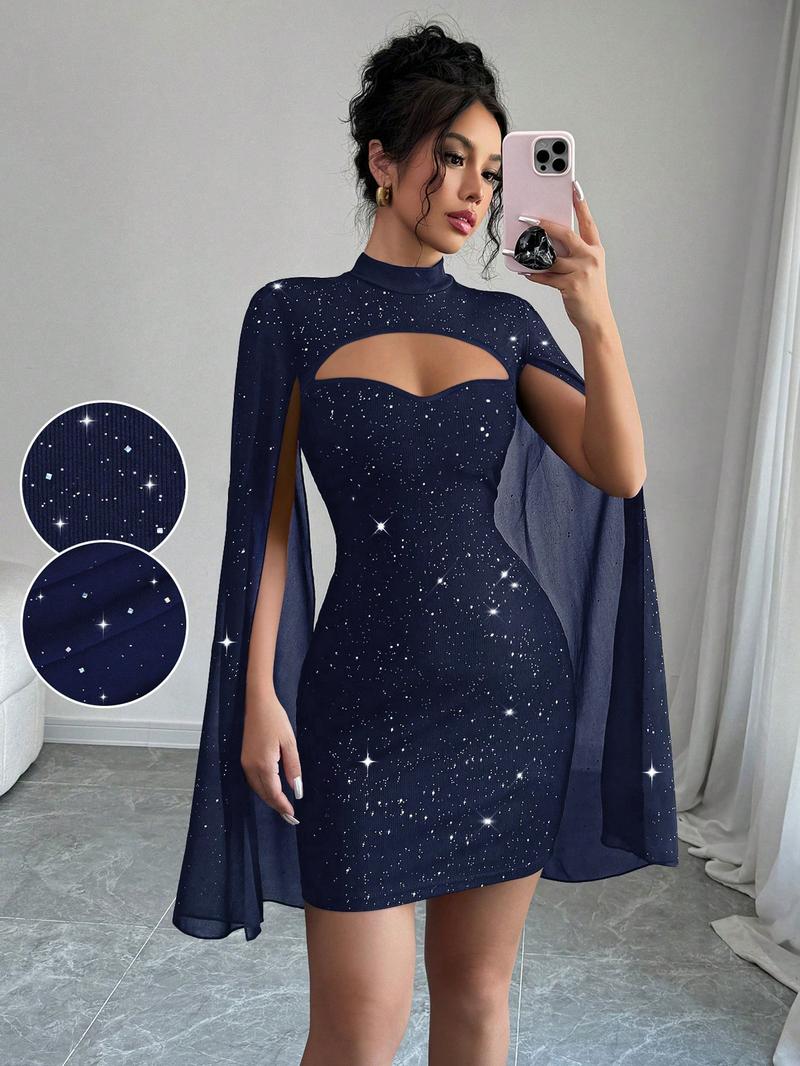 Sexy Mini Bodycon Dress, Shawl Mesh Design, Cape Sleeves, Sparkling Sequins, Trendy Party Gown, Spring & Fall Valentine's Day