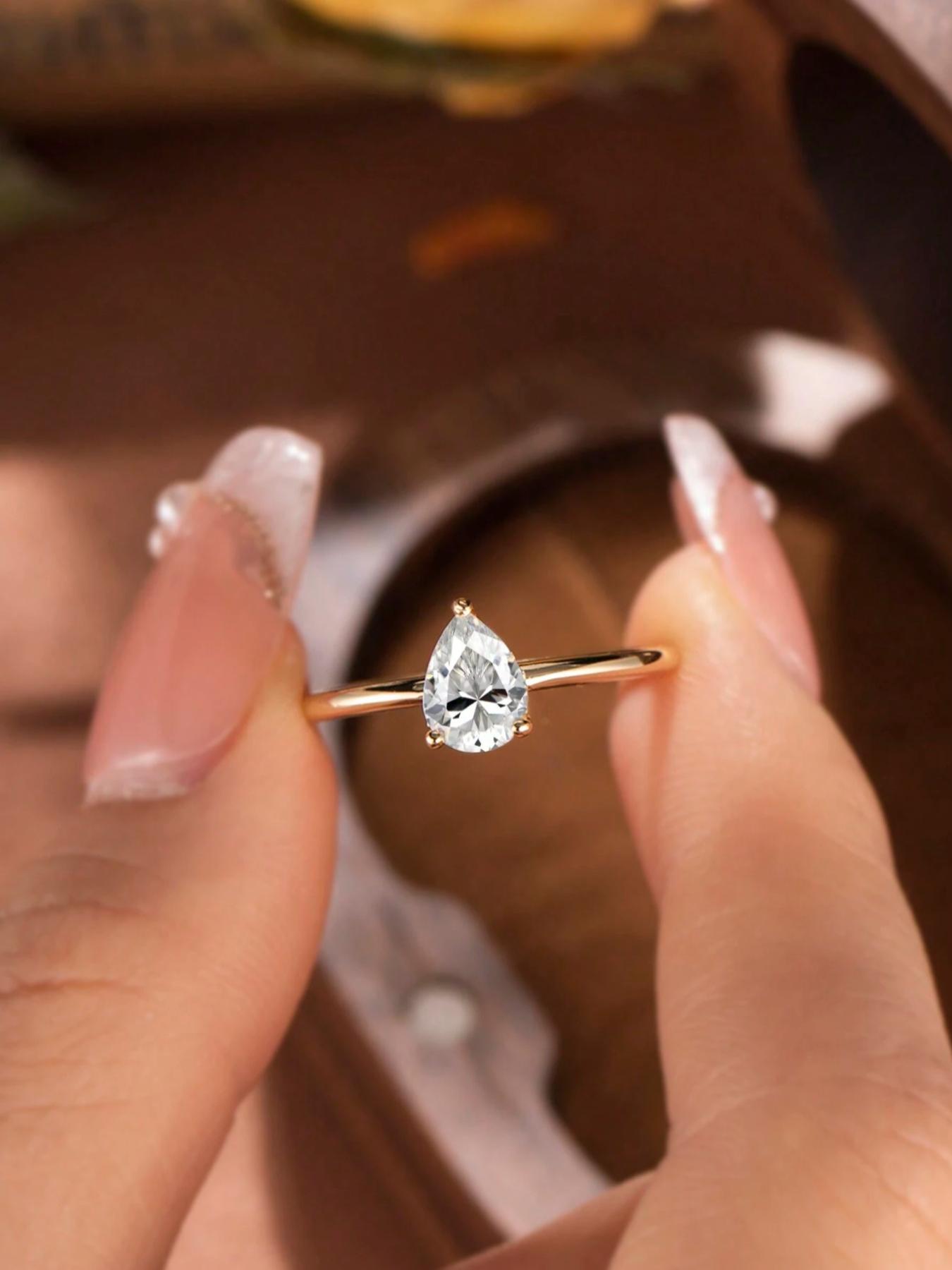 S925 Sterling Silver Water Drop Rhinestone Decor Ring, Simple, Fashion Jewelry Accessories for Women, Birthday Holiday Gift, Bridal Engagement Ring