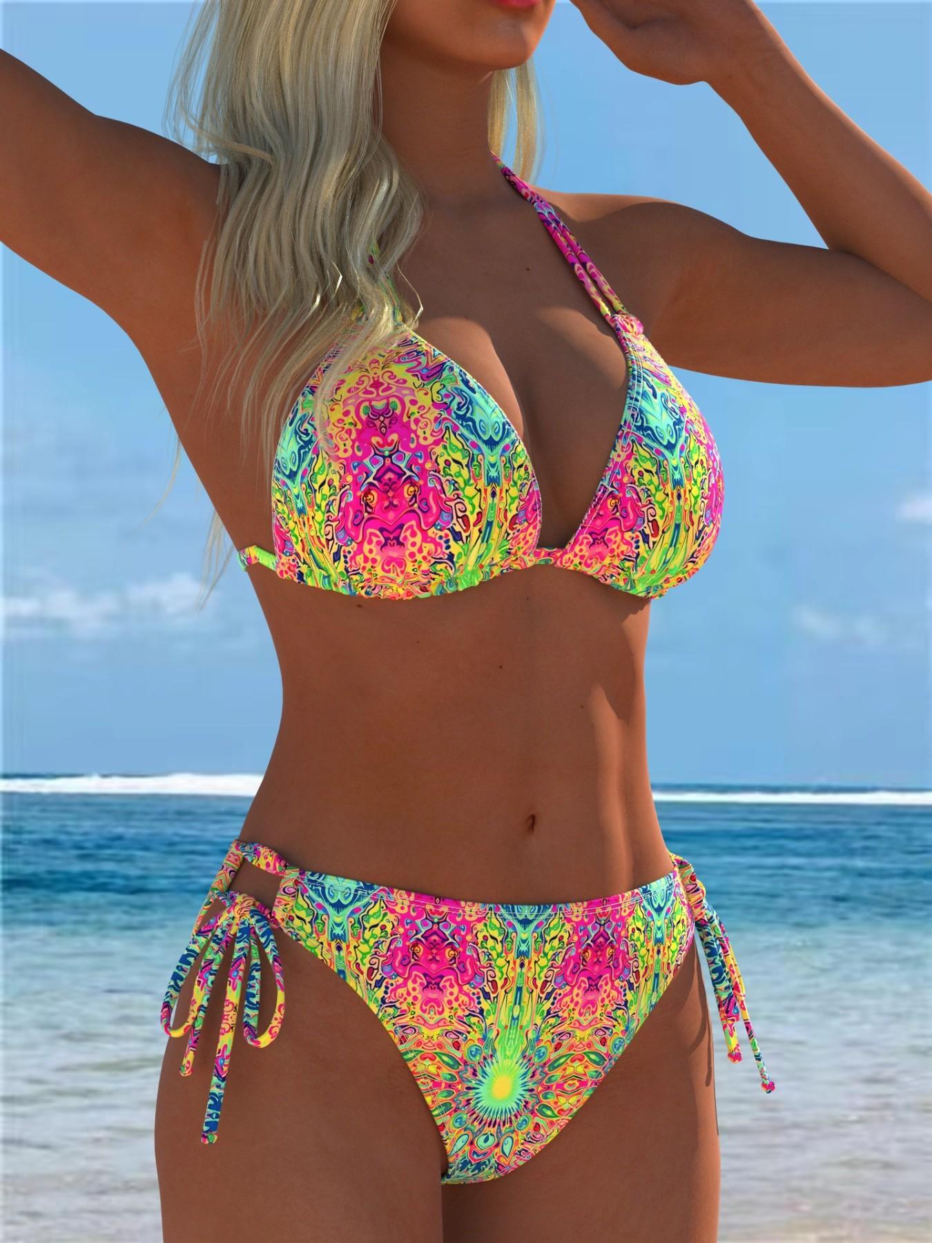 Women's Sexy Spaghetti Strap Bikini Two-Piece Set, Triangle Cup Design, Thin Straps, Adjustable Shoulder Straps, Random Print, Perfect for Summer Beach Vacation, Printed Bikini Set, Bikinis Set
