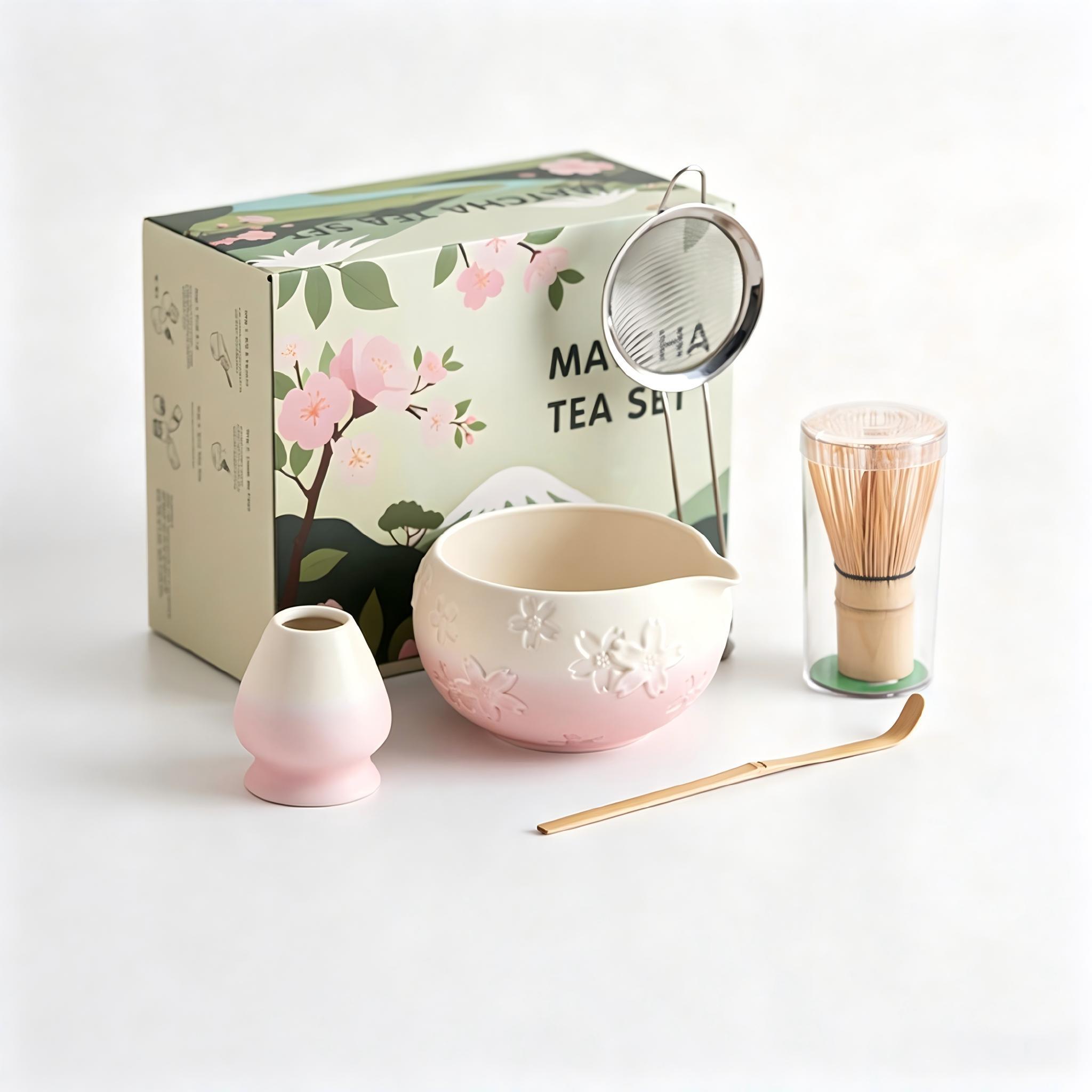 Traditional Japanese Matcha Tea Set, Includes Ceramic Bowl, Bamboo Chasen, Stainless Steel Sieve, Cotton Teapot Spoon, Ideal for Home or Café