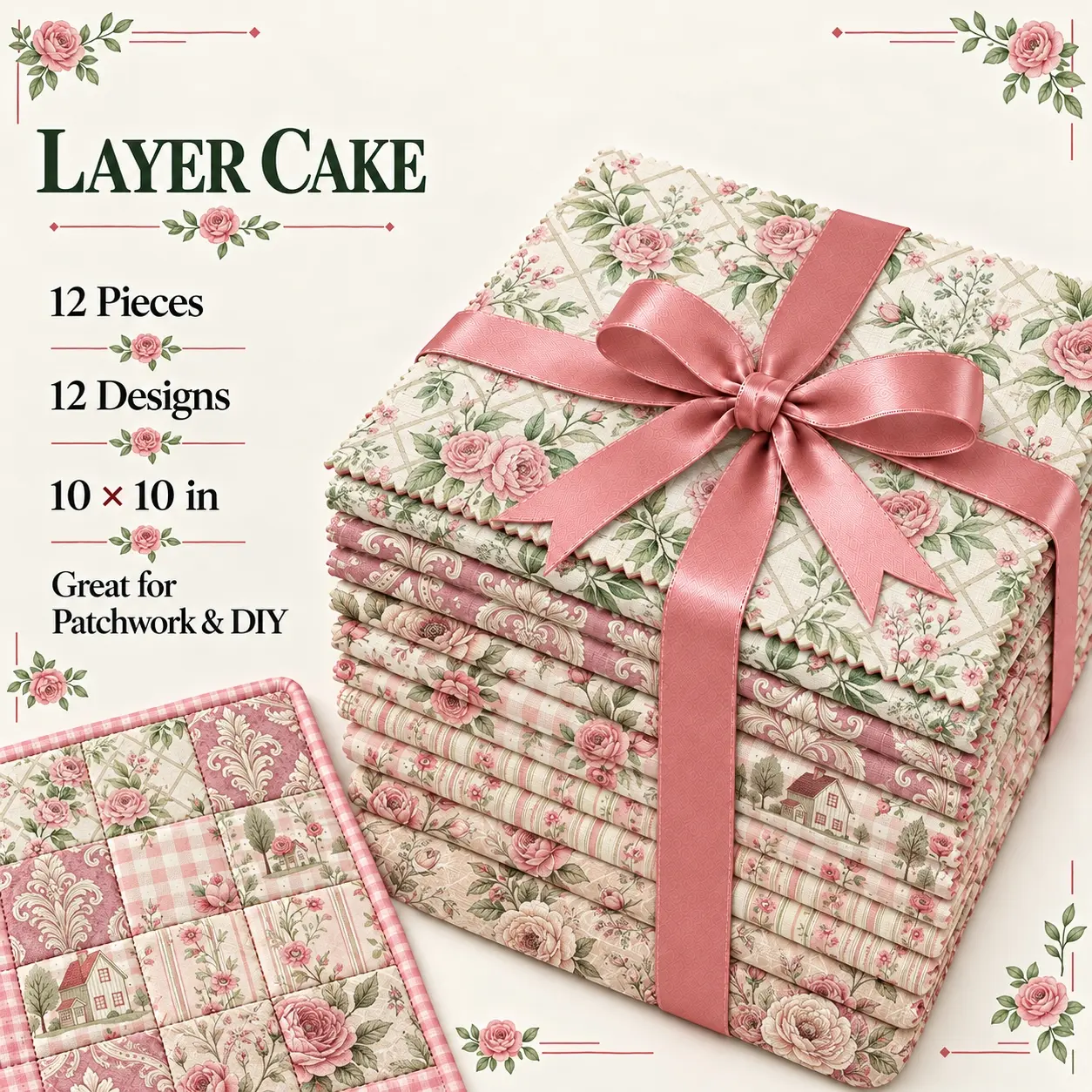 12Pcs Romantic Toile Rose Fat Quarter Fabric Bundle, Cozy Fabric, 25.4x25.4cm(10x10in) Precut Patchwork Cloth, Vintage Rose Floral Print 100% Polyester Cotton-Feel Plain Weave for DIY Sewing, Quilting, Crafting, Applique, Scrapbooking, Pillow