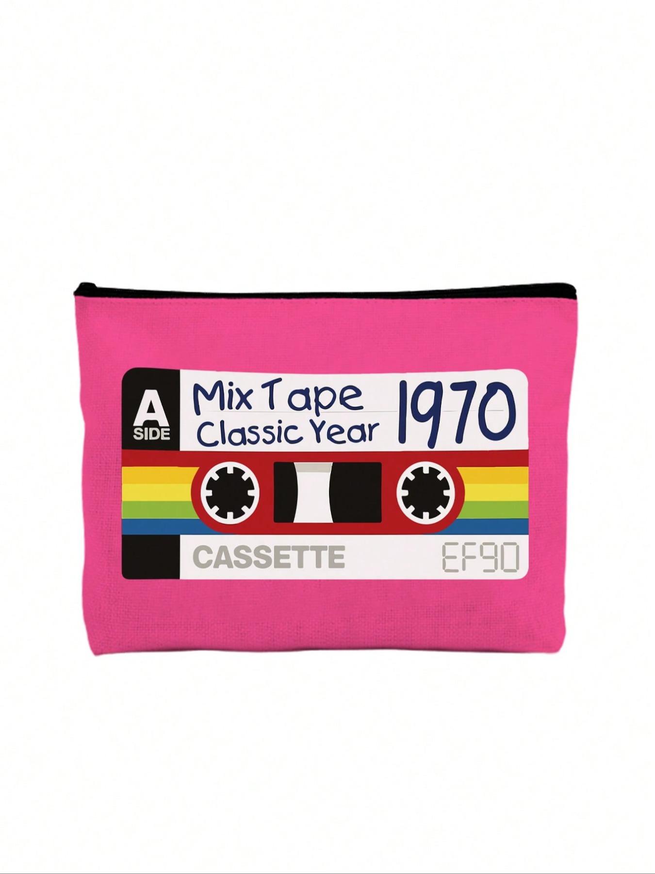 Vintage Tape Pattern Makeup Bag, Reusable Travel Organizer, Portable Vanity Case, Perfect Gift for Music Lovers, Multifunctional Storage