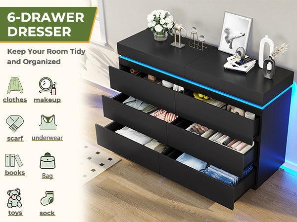 Sikaic Modern 6 Drawer Dresser with Sliding Desktop, Wide Chest of Drawers with Charging Station & LED Lights, Large Storage Tower Clothes Organizer, Black Dresser for Bedroom