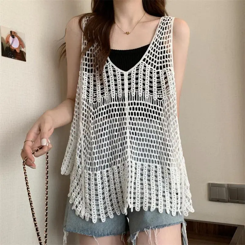 Boho Crochet Top Hollow-out Lace Sleeveless Knitted Tank Cami Women Summer Camisole Beach Cover-Up Resort Wear