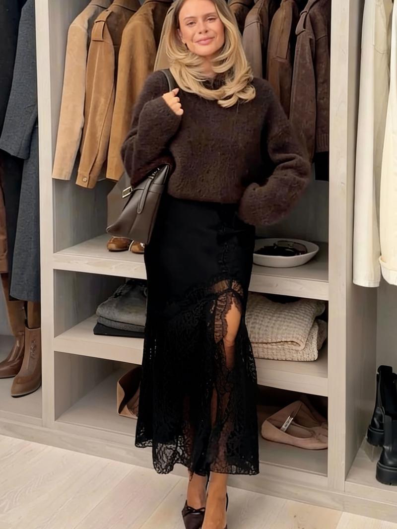 Women's High Waist Satin Lace Long Dress, Asymmetric Decor Y2K Evening Gown, Layered Elegant Midi Skirt for Spring Summer Fall Winter