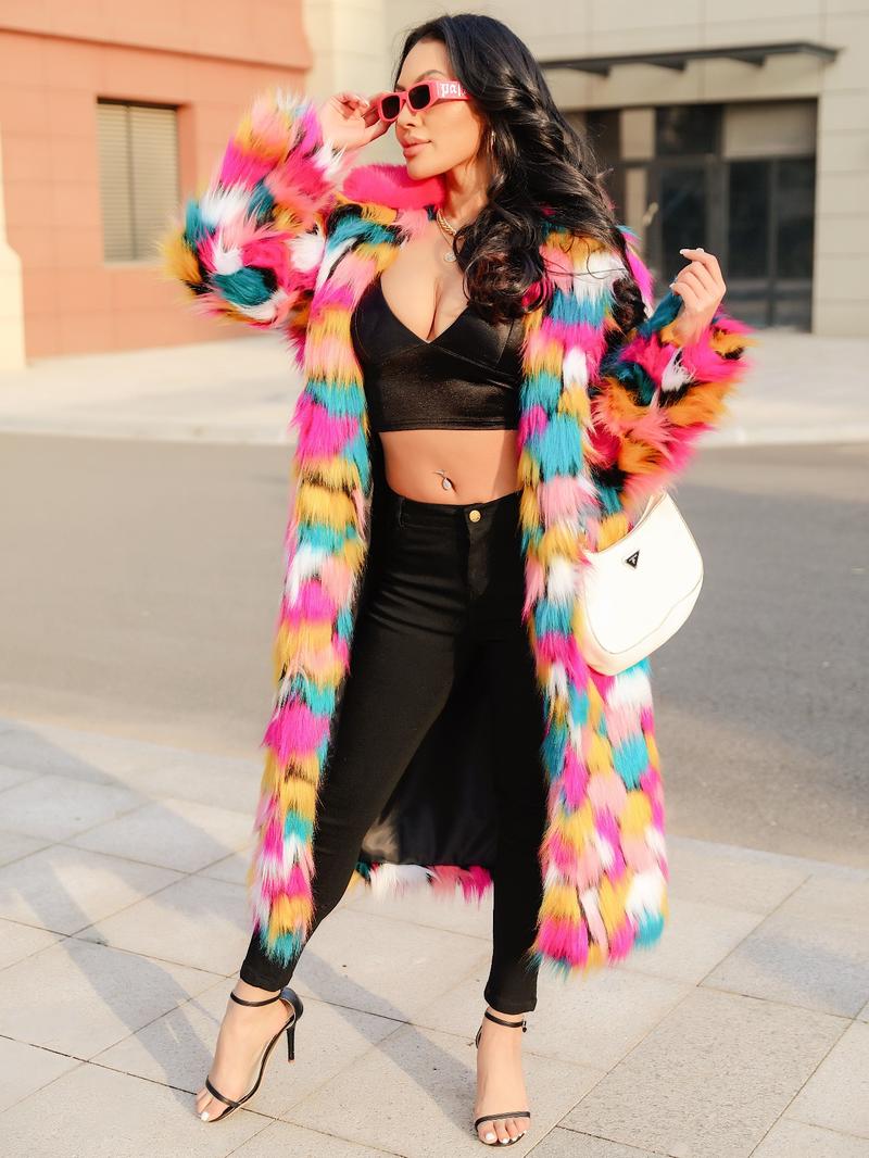 Women's Colorblock Faux Fur Jackets, Street Fashion Long Sleeve Coat for Daily Outdoor Wear, Women Clothing for Fall & Winter, Jackets, Fashion Casual Outerwear