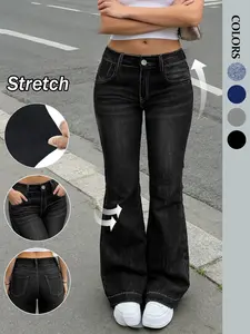Women's Y2K Low-Waist Flare Button Pants, Medium Size Elastic Comfort Casual Trousers, Fashion Design, Suitable for Daily Wear Fit