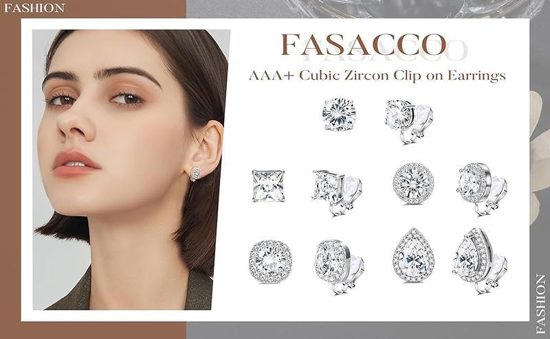FASACCO Cubic Zirconia Clip-on Earrings for Women Non-Pierced Clip Earrings with Sparkling CZ Stones Elegant and Durable for Gift Jewelery