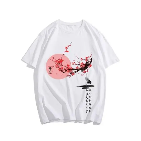 Chinese Ink Wash Plum Blossom Crane Poetry Graphic Tees,100% Cotton Unisex Graphic Tee,Oriental Traditional Chinese Art Tshirts,New Chinese Aesthetic Graphic Clothing Merch,Streetwear Short Sleeve Tee For Casual Wear