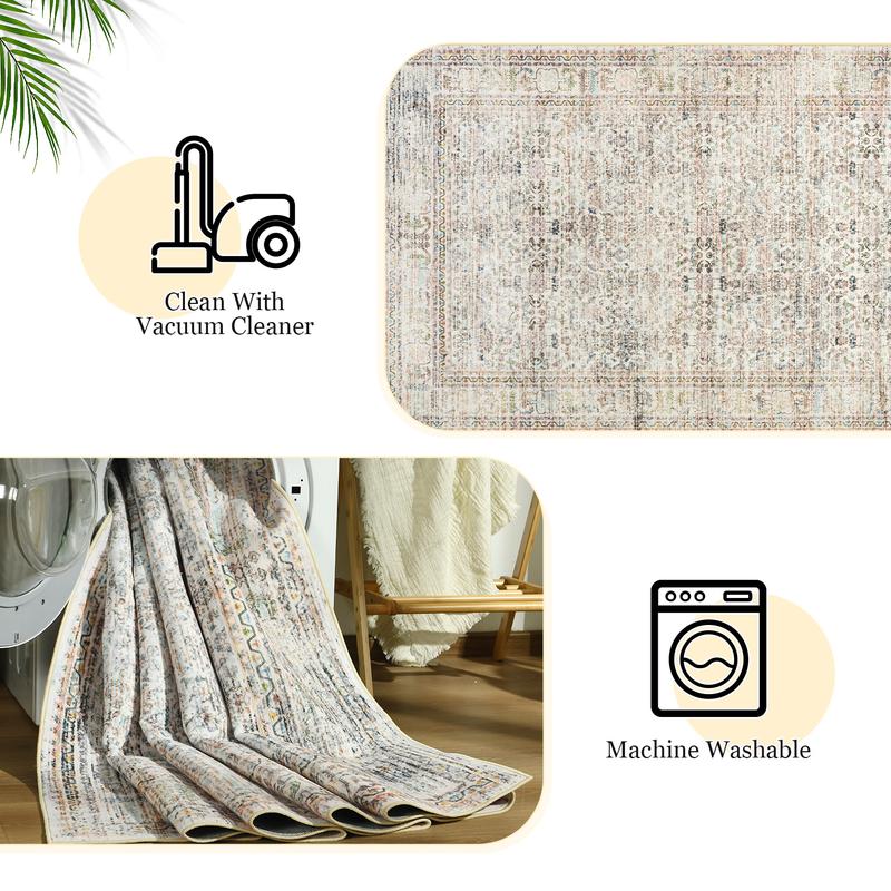 Lochas Boho Tribal Rug, Non-Slip Machine Washable Low Pile Carpet for Living Room, Soft Non-Shedding Floor Mat