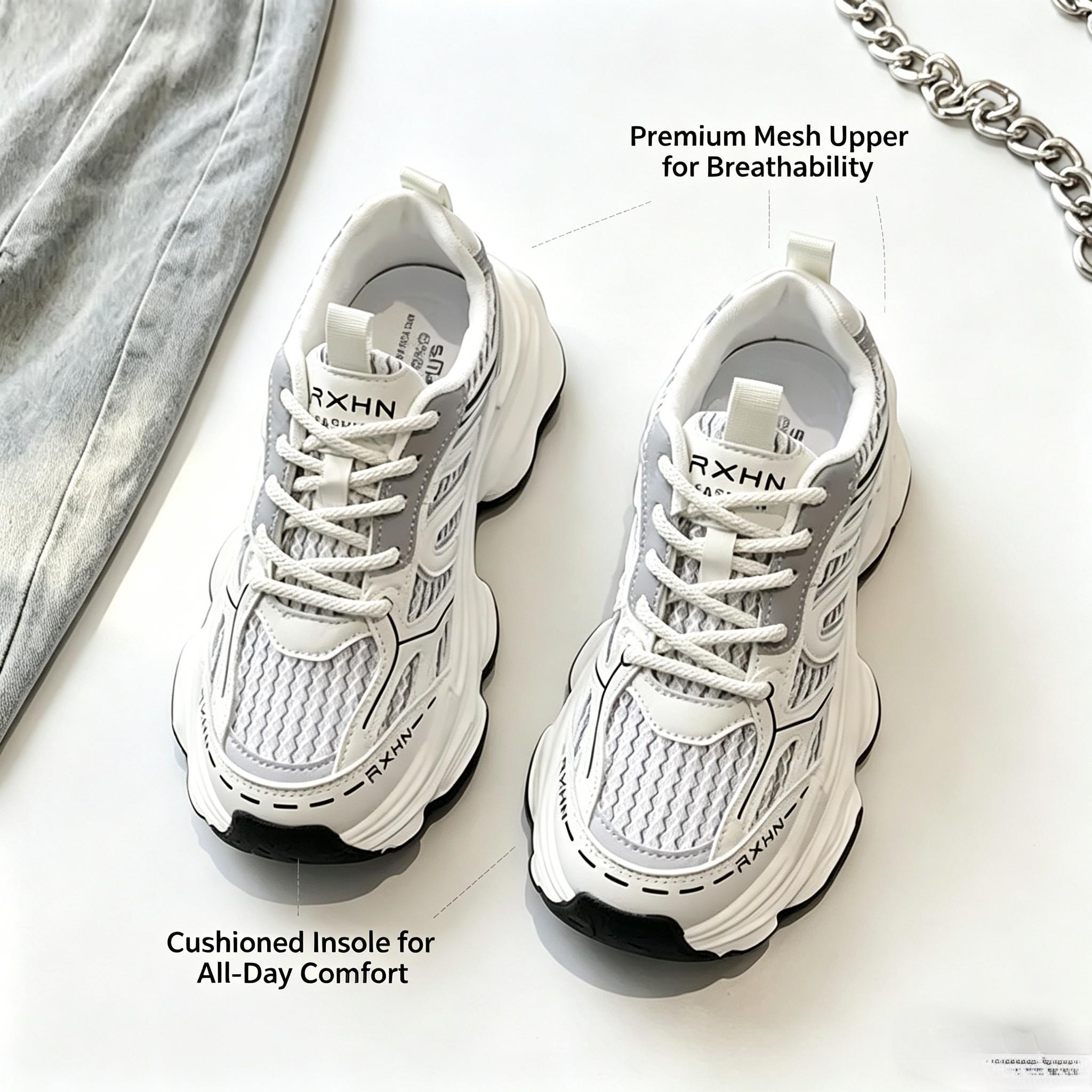 Women's Chunky Dad Sneakers, Breathable Mesh Platform Running Shoes, Non-Slip Casual Athletic Trainers, Lightweight Lace-Up Comfortable Walking Shoes for Everyday, Work, Gym & Streetwear - White Gray
