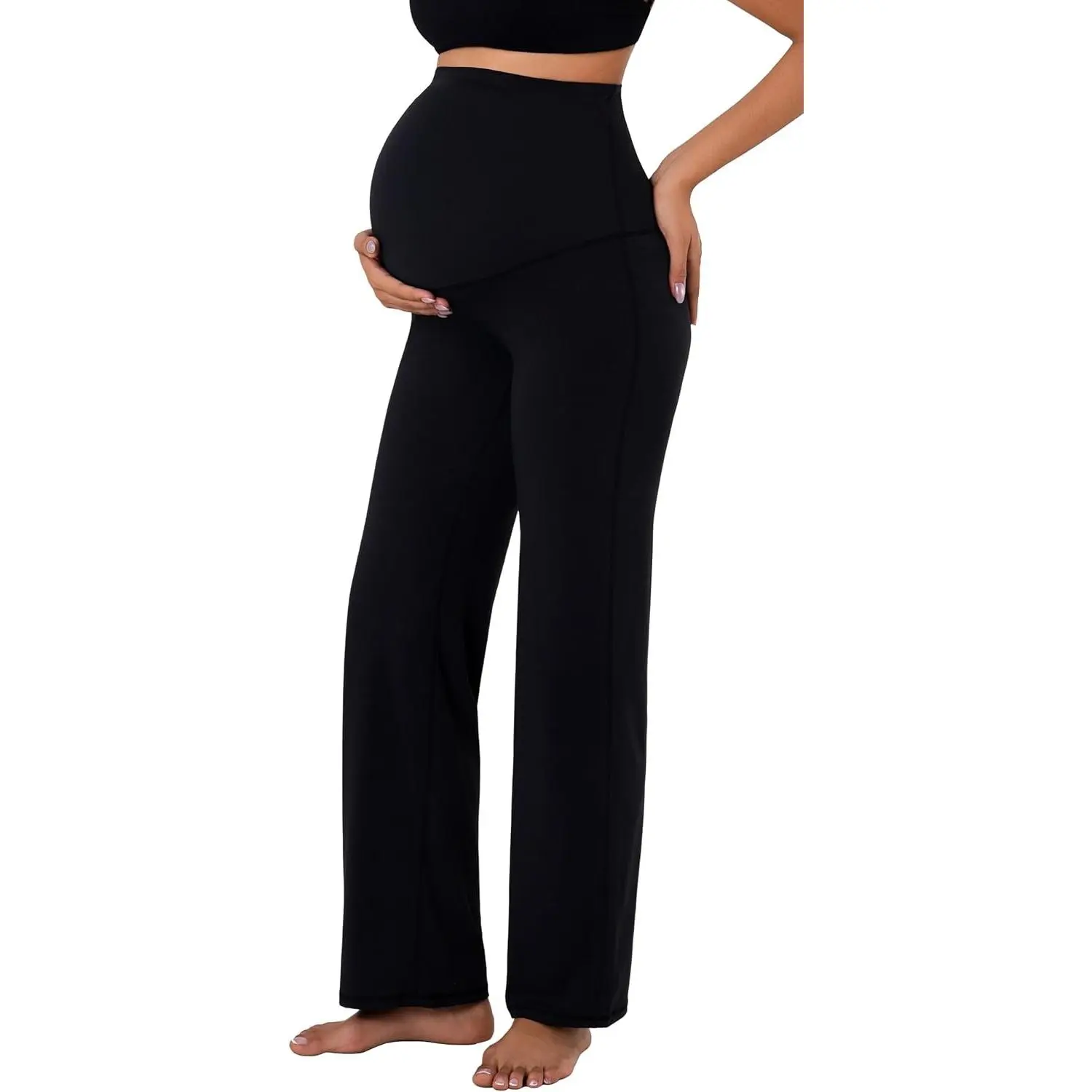Maternity Wide Leg Pants Over Belly Flowy Pregnancy Lounge Pants with Optional Pockets, Stretchy & Supportive