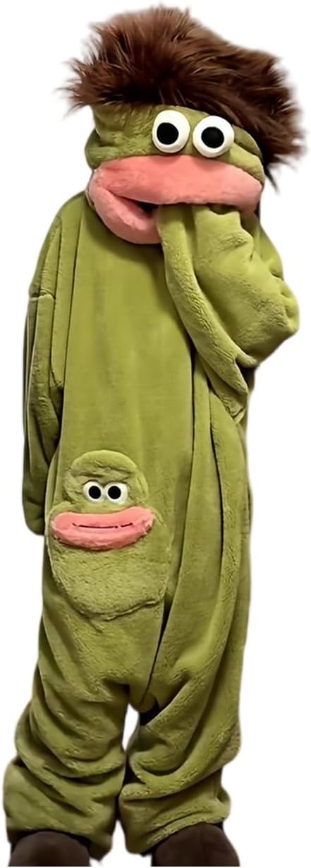 Green Plush Frog Monster Onesie Pajamas - Hoodie Robe, Baggy Full-Body Loungewear, Goofy Cozy Long-Sleeve Soft Fabric Sleepwear (Festive Party Accessory)