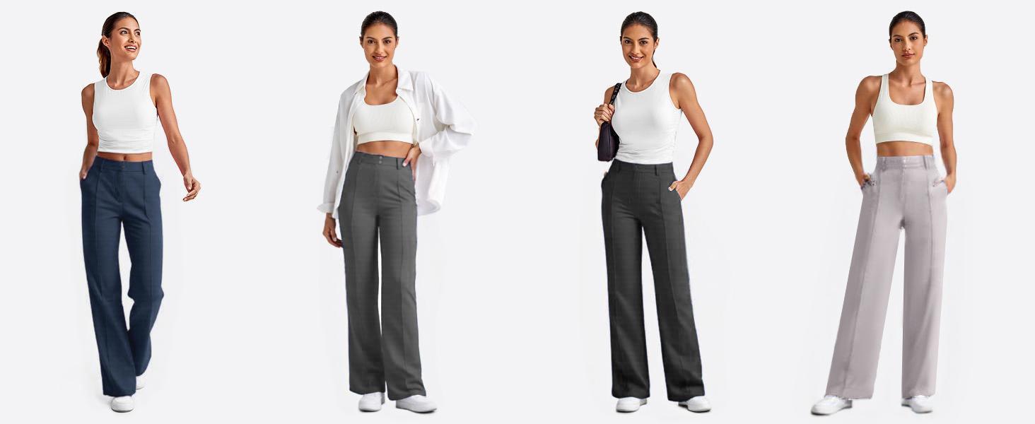 JEKAOYI Straight Leg Dress Pants for Women Ponte Yoga Pants with Pockets Lightweight Stretch Casual Lounge Pants Loose High-Rise Waist Full-Length Design Side Pockets 80% Polyester 20% Spandex - Bottom SpringStatements Trouser Womenswear
