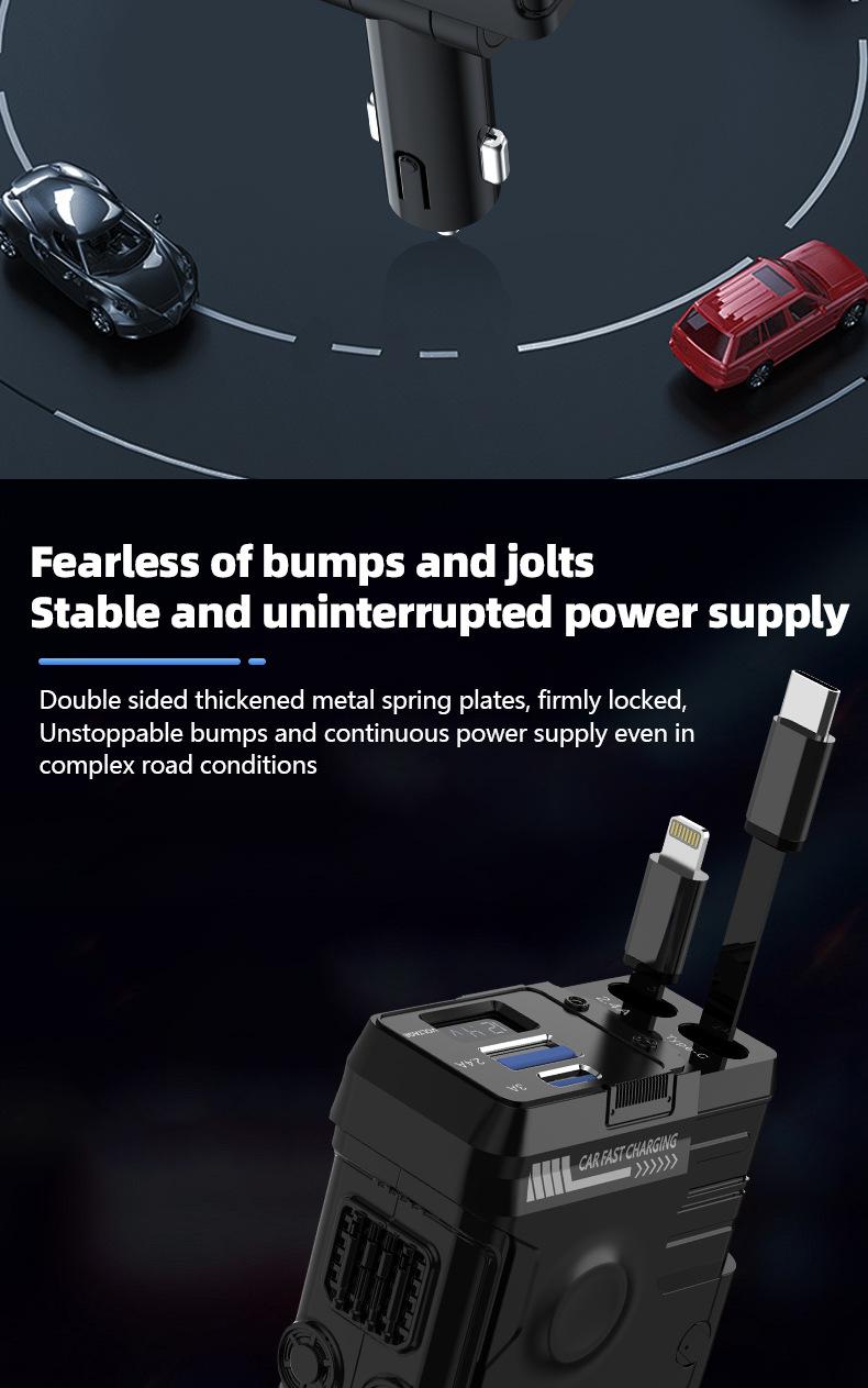 Joytutus 120W Retractable Car Charger 4-in-1 Fast Charging for iPhone Samsung iPad with 2 USB C Cables Type-C Output 5V/3A USB-A 5V/2.4A 12V-24V Devices