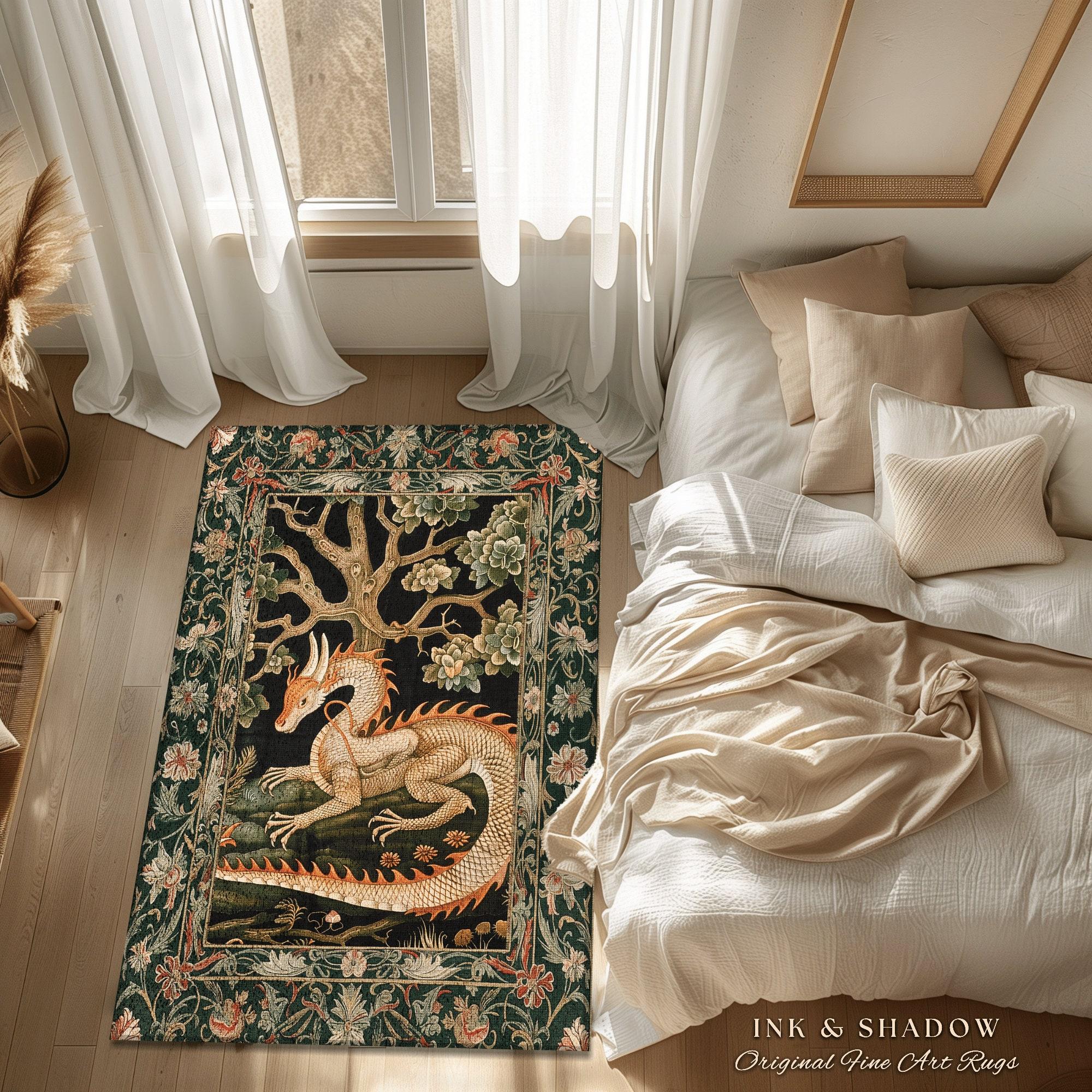 Vintage Medieval Dragon Floral Tapestry Flannel Area Rug - Gothic Mythical Creature Print Soft Mat for Living Room, Non-Slip Cottagecore Home Decor#MedievalDragonRug #FloralTapestryMat #GothicMythDecor #CottagecoreCarpet #NonSlipFlannelRug