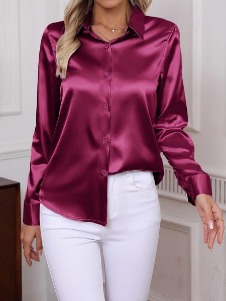 Women's Plain Satin Shirt, Elegant Long Sleeve Button Top for Work Office Business, Ladies Clothes for All Seasons, Womenswear