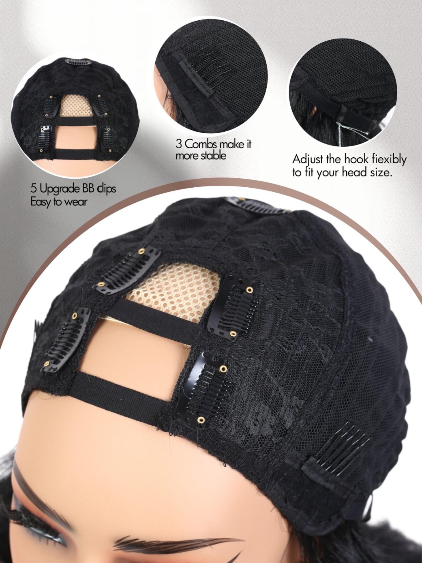 Women U Part Wig V Part Yaki Layered Curly Wigs, 16 Inch Clip-In Synthetic Wig, Heat-Resistant No-Sew-In Design, Natural-Looking