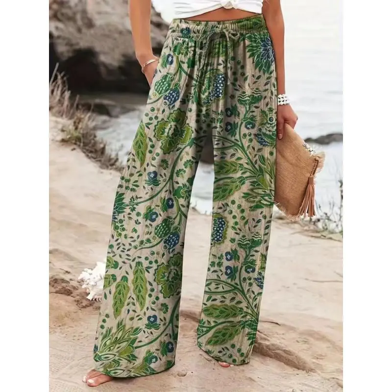 Women's Bohemian Floral Patterned Woven Oversized Wide-Leg Pants - Polyester Smooth Soft Fabric, Loose Cut, Shape-Concealing, All-Season Everyday Wear, Machine-Washable Flowy Flattering Bottoms, Patterned Woven Pants