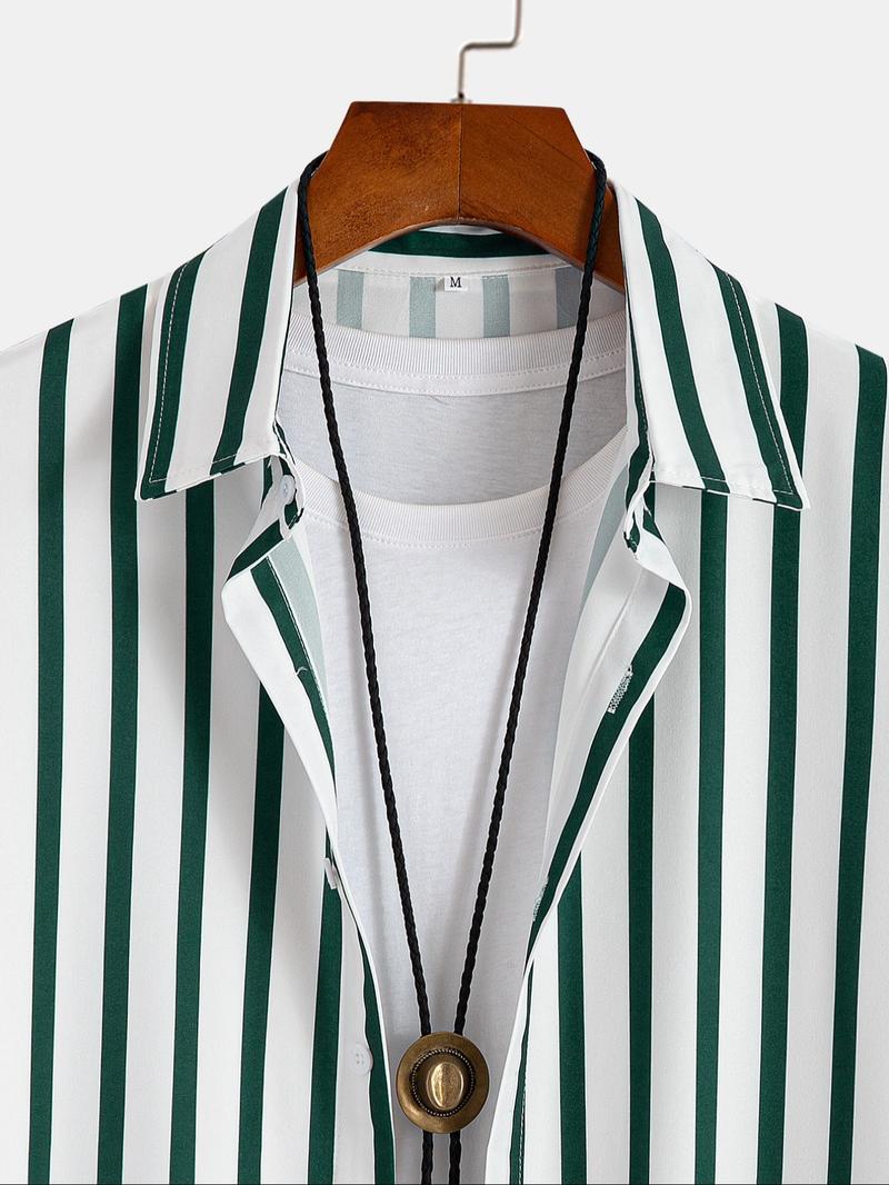 Men's Colorblock Striped Print Button Front Shirt & Shorts Set, Casual Short Sleeve Collared Top & Shorts, Men's Summer Clothes for Beach Vacation