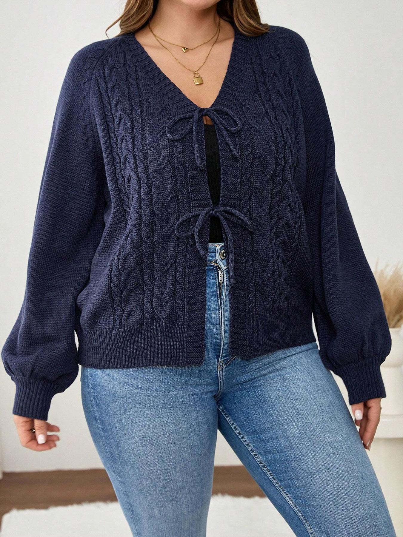 Plus Size Women's Blue V Neck Knit Cardigan Knitwear, Casual Long Sleeve Pullover, Fall & Winter Fashion, Comfortable Plain Design