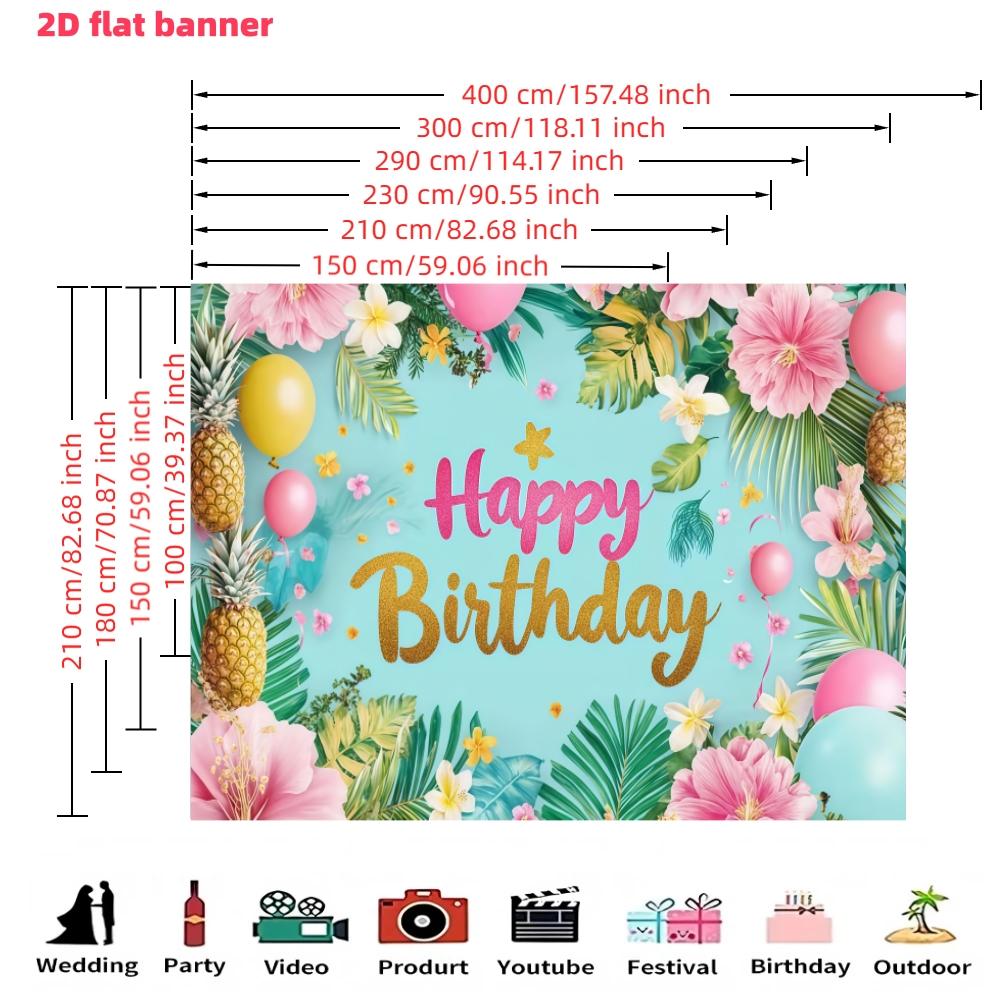 Hawaiian Birthday Party Backdrop Banner, Flamingo Palm Leaf Aloha Tropical Floral Theme, Polyester Material, Indoor Outdoor Party Decor