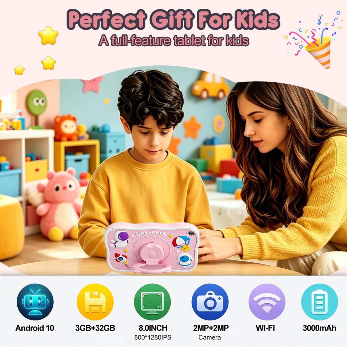 8-Inch Android 10 Kids Tablet, 3gb+32GB Storage, Parental Control, Web Browsing, Learning Games, Drawing Tools, Music Player, E-Reader, Shockproof Case, Dual Cameras
