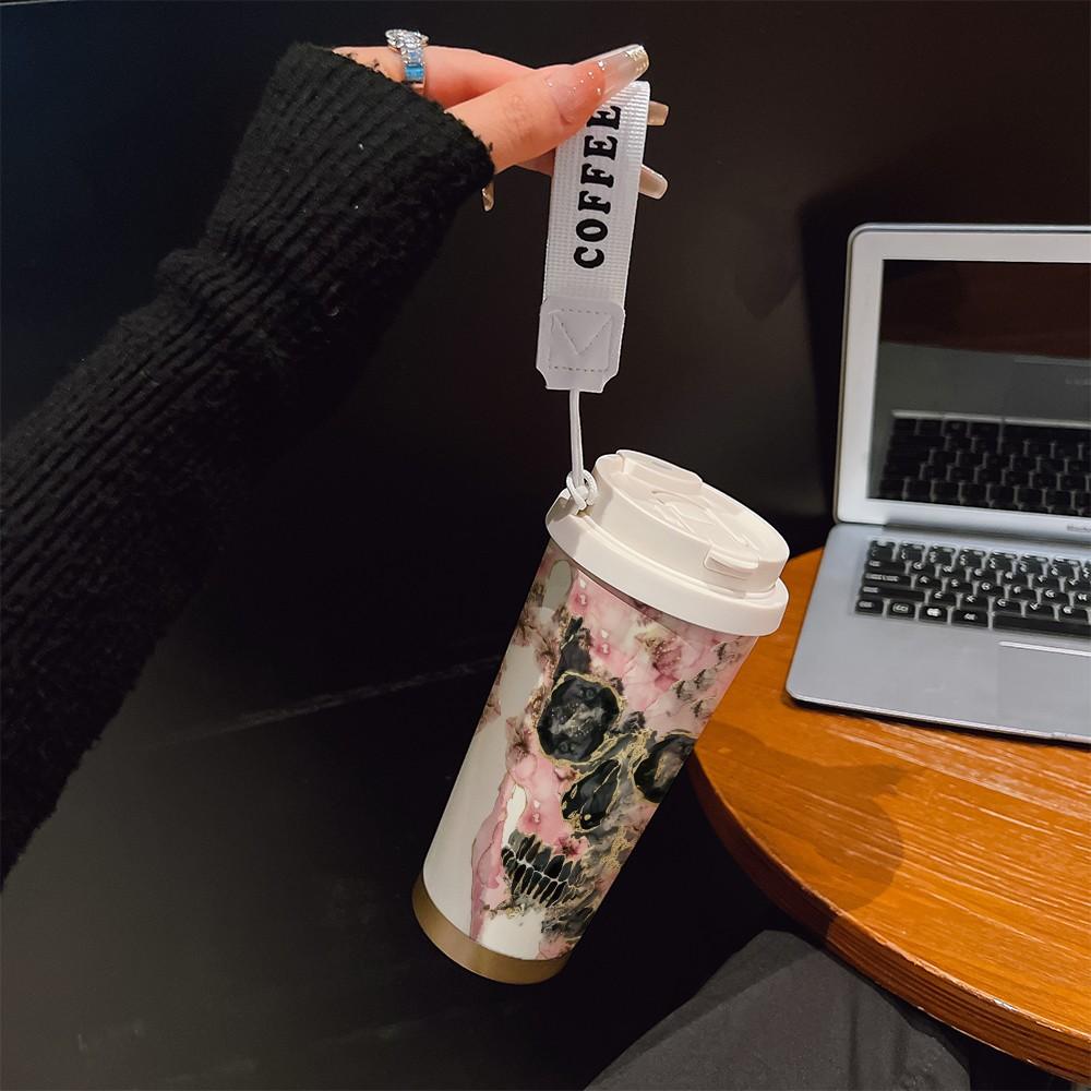 Abstract Skull Texture Coffee Cup, Portable Dual Drink Insulated Tumbler, Keeps Warm/cold, Boho Style, Ideal for Office, Travel, Sports