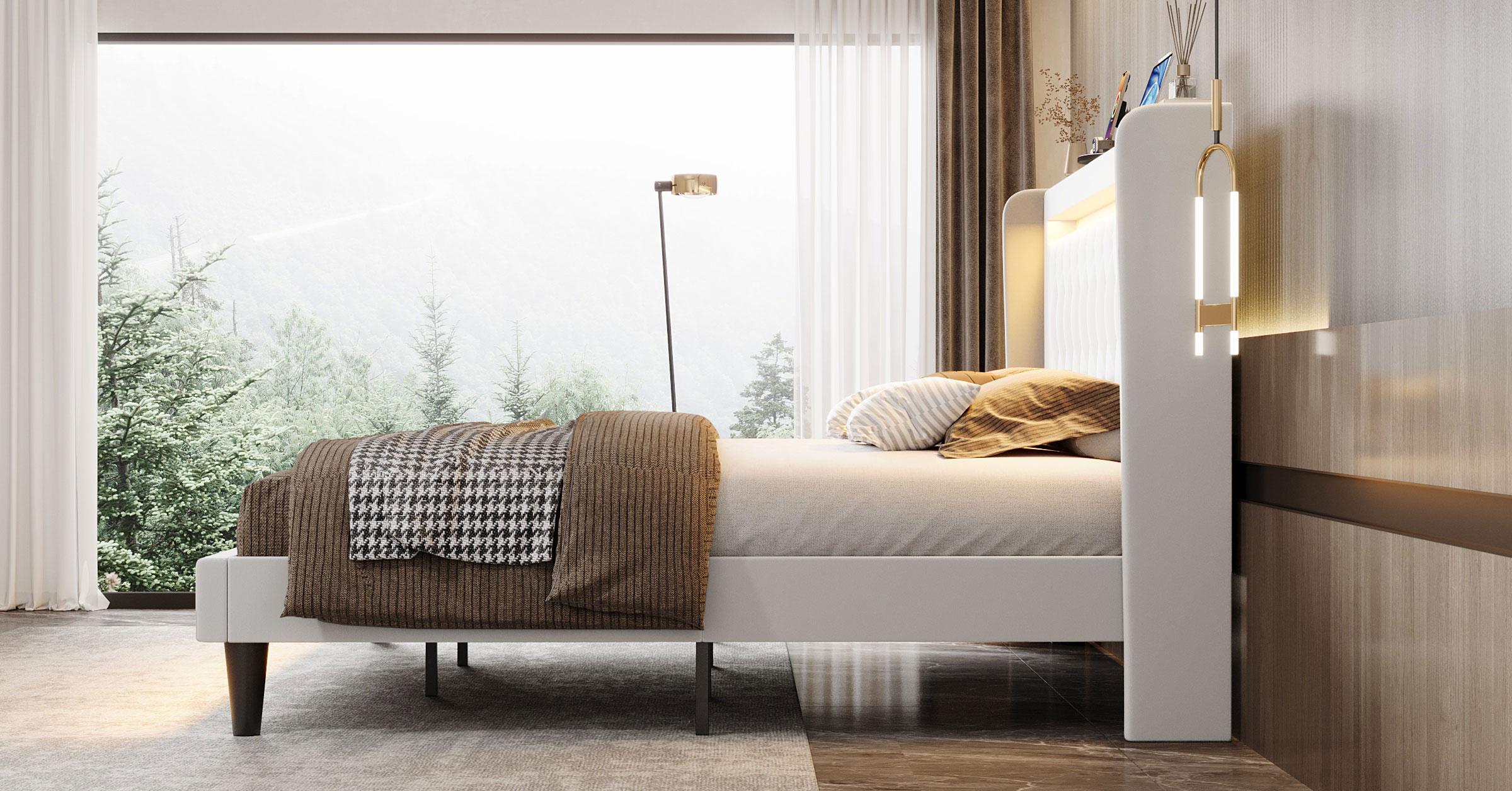 HOOMIC Upholstered Platform Bed Frame【Frame Only No Mattress】with High Wingback Headboard,Dual LED Light Strips,Dutch Velvet Diamond Tufting,Full/Queen/King,Black/White/Grey,No Box Spring Needed