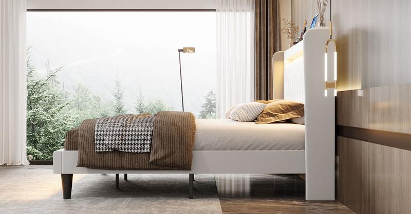 HOOMIC Upholstered Platform Bed Frame【Frame Only No Mattress】with High Wingback Headboard,Dual LED Light Strips,Dutch Velvet Diamond Tufting,Full/Queen/King,Black/White/Grey,No Box Spring Needed