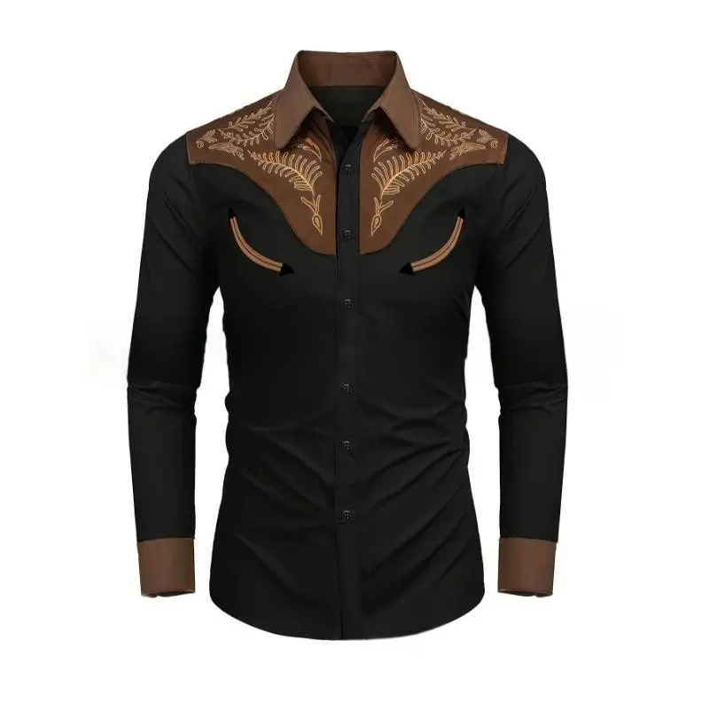 Men's Stylish Embroidered Western-Style Flannel Shirt - Brown & Black With Intricate Leaf Pattern, Long Sleeve, Casual Wear, Durable Fabric