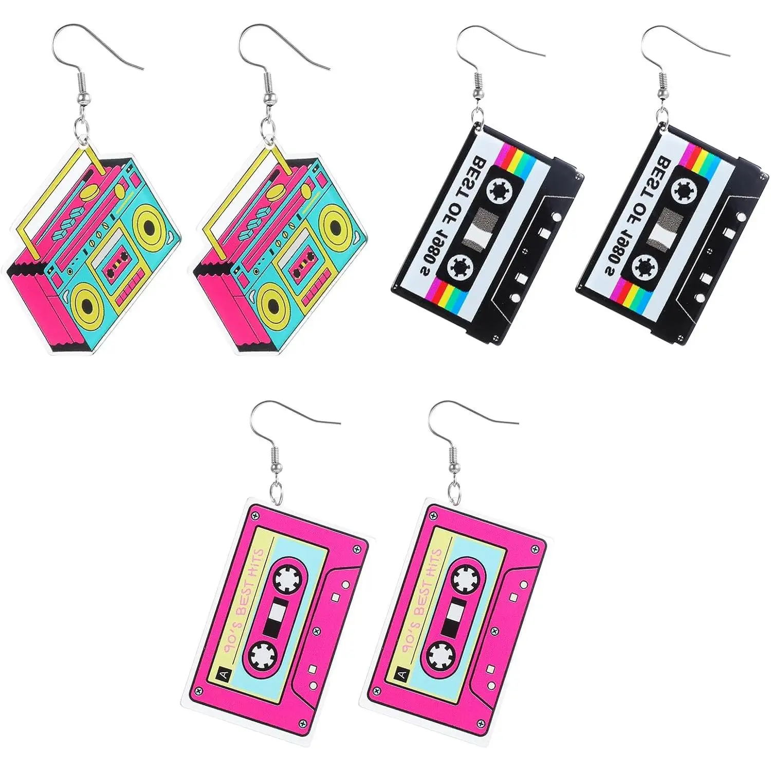 3Pairs  Cassette Tape Earrings 80s 90s Earrings for Women Retro Geometric Drop Dangle for 80's Outfits  Glow Party  Party 70s 80s 90s Accessories