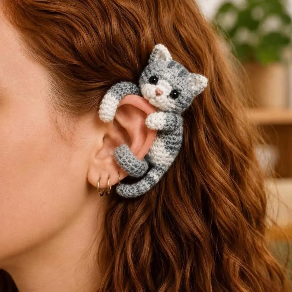 Animal Themed Crochet Clip-On Dangle Earrings, Hand Knitted Cute Animal No Piercing Jewelry, Lightweight Statement Ear Accessory For Daily Matching, Party & Holiday Outfits, Cute Animals, Dangling Ears