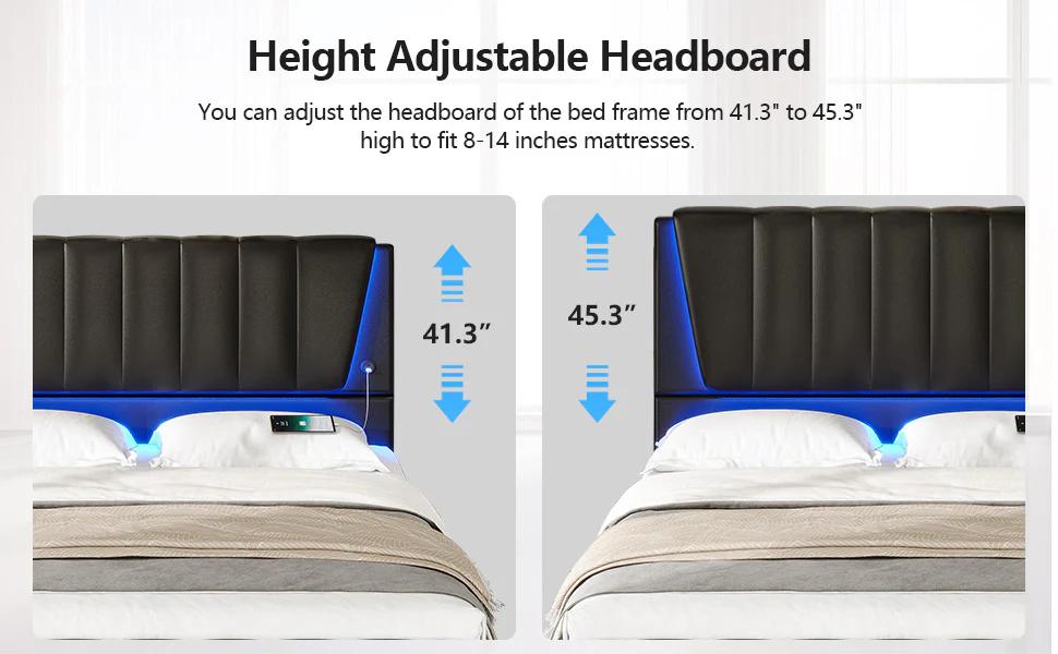 Sikaic LED Bed Frame With USB Ports Adjustable Headboard And 4 Storage Drawers Apartment Furniture Bedroom Set Upholstered Platform Bedframe